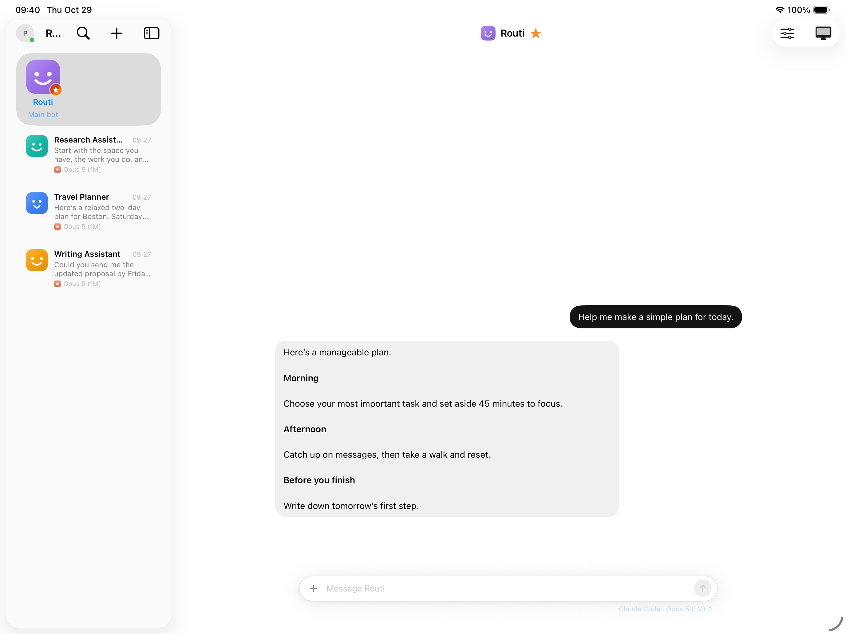 Routi Bot on iPad with separate research, travel, and writing bots beside the main conversation.