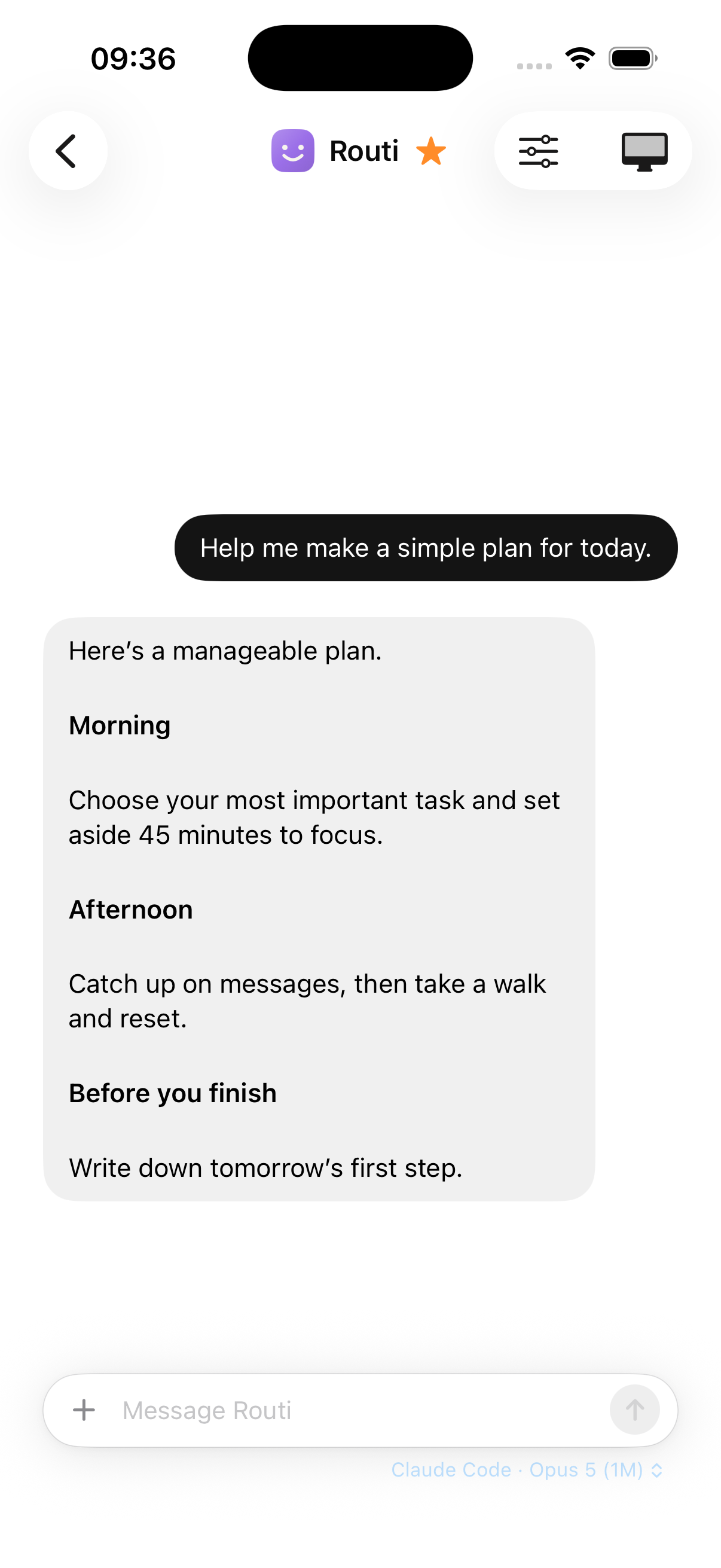 Routi Bot on iPhone, showing a main bot conversation with a simple daily plan.